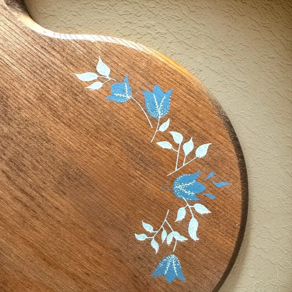 Vintage Wood Heart Wall Shelf Blue Tulip Stencil 1980s Country Cottage Folk Art